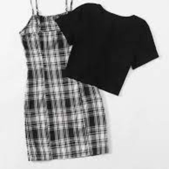 Solid Ribbed Tie Front Crop Top & Plaid Dress - Picture 2 of 4